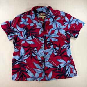 Vintage La Cabaña All Night Long Mens L Hawaiian Shirt Floral Rayon Red Blue